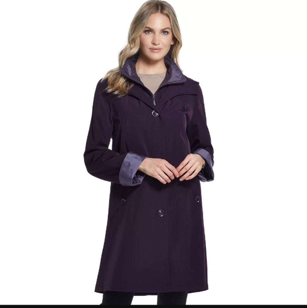 Gallery Women's Deep Purple  Contrast- Trim Removeable  Hooded  Rain Coat Size M